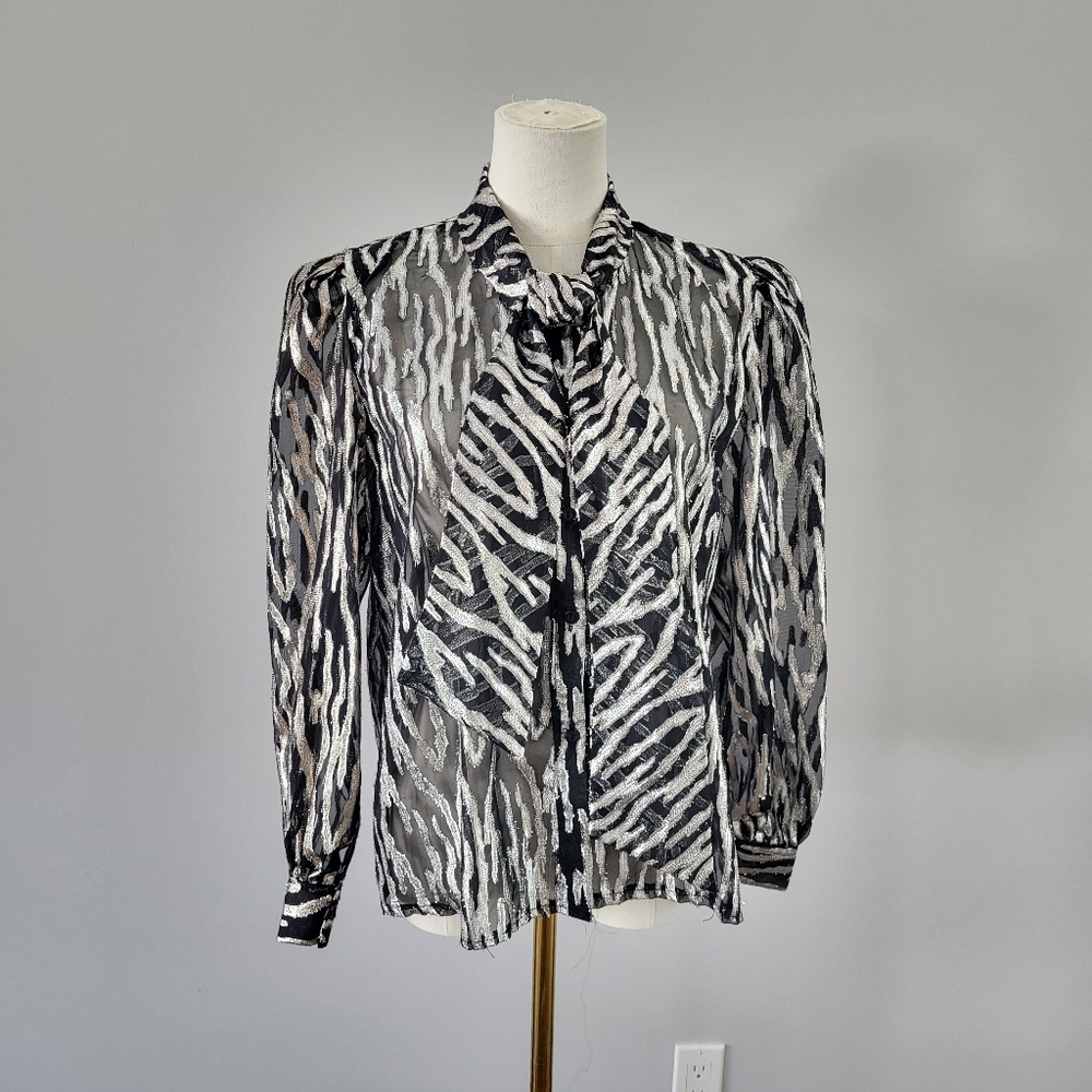 Vintage 80s Zebra Print Sheer Metallic Blouse Black Silver S